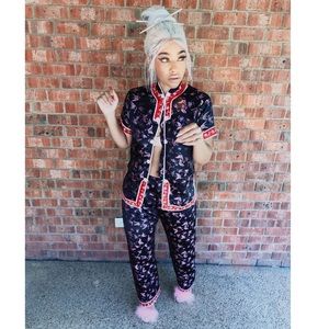 Oriental Print Satin 2 Piece Pants Suit